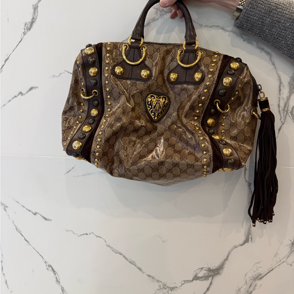 Vintage Gucci Brown Shoulder Bag with Gold Accents
